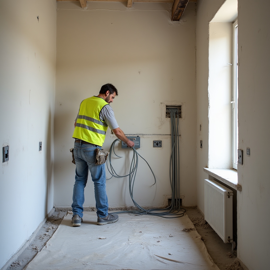 Lavori di cablaggio elettrico in appartamento in fase di ristrutturazione